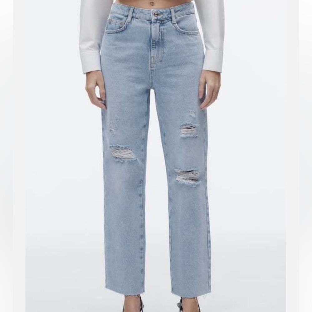 Zara High Rise Straight Leg Ripped Denim Jeans Ladies Size 6 - Picture 2 of 6